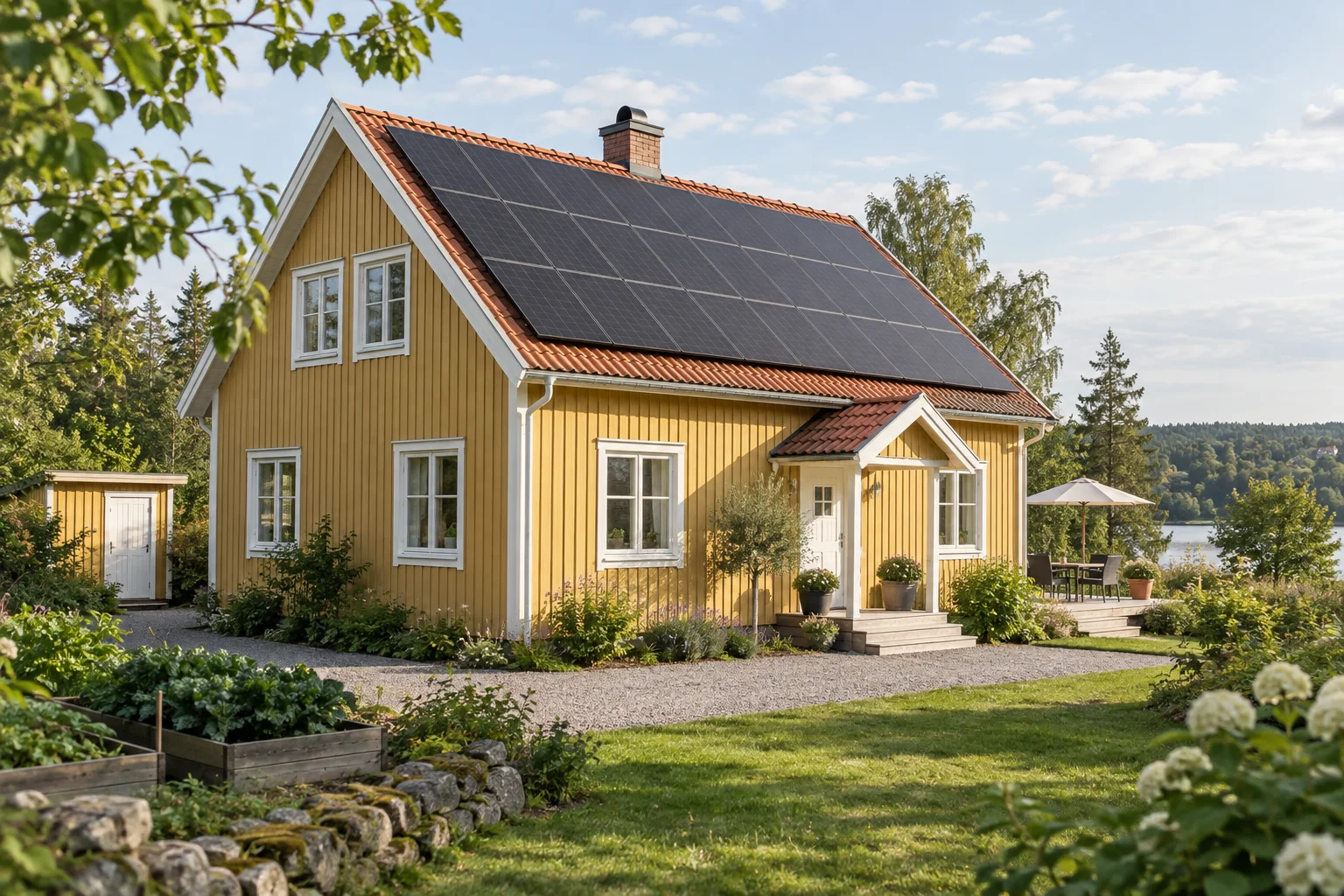 Solceller till villa – AI-genererad illustration av projektets bostadsmiljö.